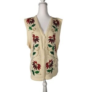 Bobbie Brooks Poinsettia Holiday Christmas Sweater Vest Embroidered Size Le L